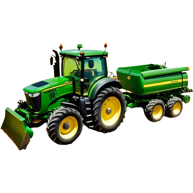 John Deere 6155M (2020) – Cinematic-realistic John Deere 6155M tractor, its iconic green and yellow body rolling across vast Australian farmlands. The powerful engine hums as it tows a massive plow, cutting through golden fields under a clear blue sky, dust rising in its wake. emoji