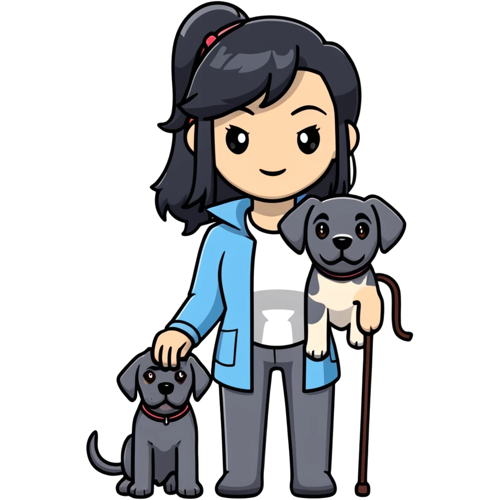 Woman with long black hair holding a black Cane Corso dog with cropped ears emoji