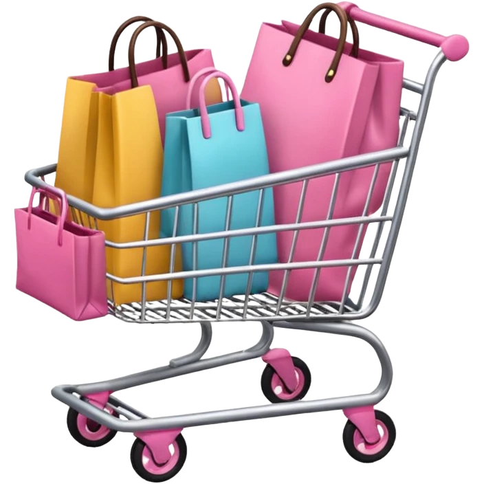 Carrinho na cor rosa cheio de compras femininas, com diversas maquiagens, roupas  emoji
