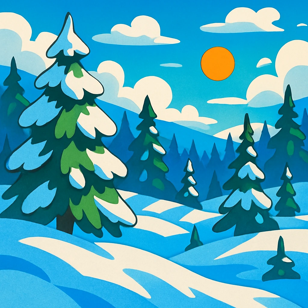 Siberia landscape, snowy forest, vibrant cartoon style emoji