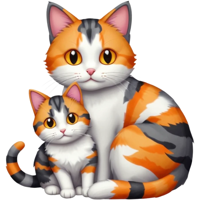 full body dark grey and white cat cuddling a colourful light patched calico + white tabby cat  emoji