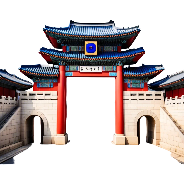 ​Cinematic Realistic Gwanghwamun Gate, depicted as a majestic historic gateway with traditional Korean architectural details, vibrant red and blue accents, and intricate carvings, set against a backdrop of modern Seoul under dynamic, natural lighting that highlights its timeless grandeur, emoji