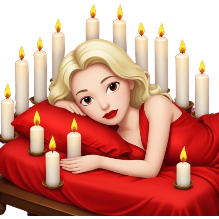 Low bed, red sheets, candles everywhere, woman reclining in shadowed control emoji