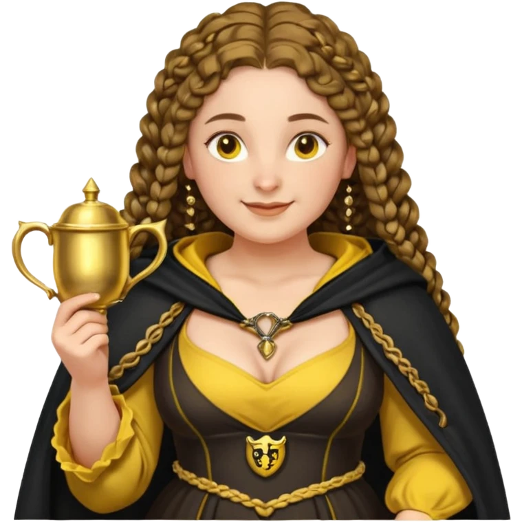 Helga Hufflepuff, 2 curly thick brown braids, yellow-black medieval dress, black cloak decorated with gold braiding, tiny two-handled shiny yellow-gold cup, very kind smile, curvy busty sweet woman, thick rosy cheeks emoji