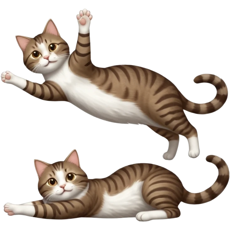 dark brown tabby and white cat with doing a big extremely long stretch reaching up into the air with arms and legs side by side together straight and overextended whilst lying on its side emoji