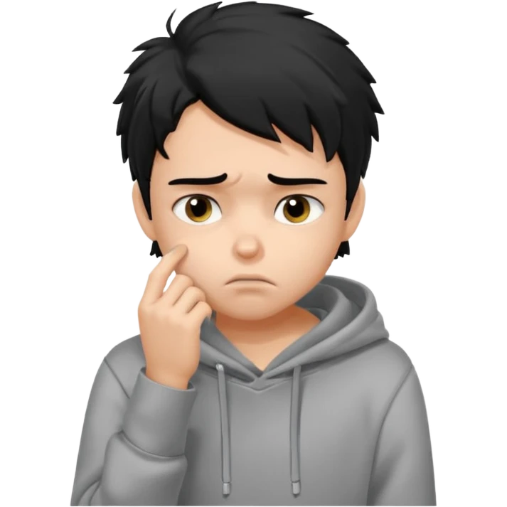 generate a pretty bratz fair skinned boy with messy black hair in a grey hoodie looking sad and bored with hand on chin emoji