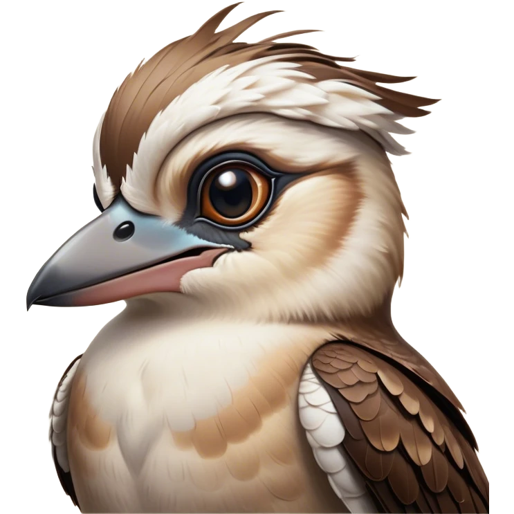 Cinematic Noble Kookaburra Portrait Emoji, Poised and regal, with a stout, robust build and a striking plumage of earthy browns and creams, a strong beak and deep-set soulful eyes, Simplified yet sharp and sophisticated features, highly detailed, glowing with a soft, dignified glow, high shine, intelligent and exuberant, stylized with an air of native woodland majesty, focused and attentive, soft glowing outline, capturing the essence of a watchful and confident bird, so majestic it feels as though it could laugh out of the screen with effortless authority! emoji