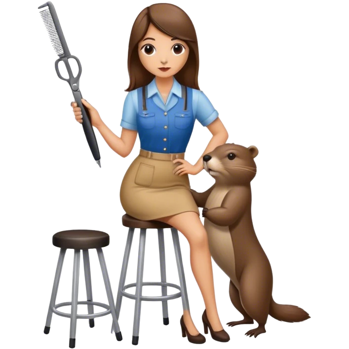 Woman standing by bar stool with beaver sitting on top holding a pair of hair clippers emoji