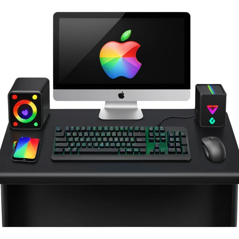 rgb gaming computer on black desk with a black keyboard and mouse emoji