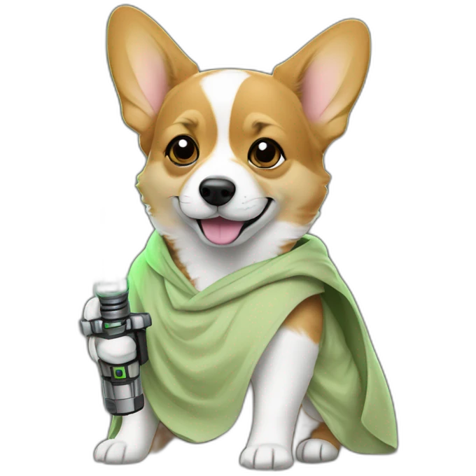 Corgi dress as yoda with one light saber green emoji