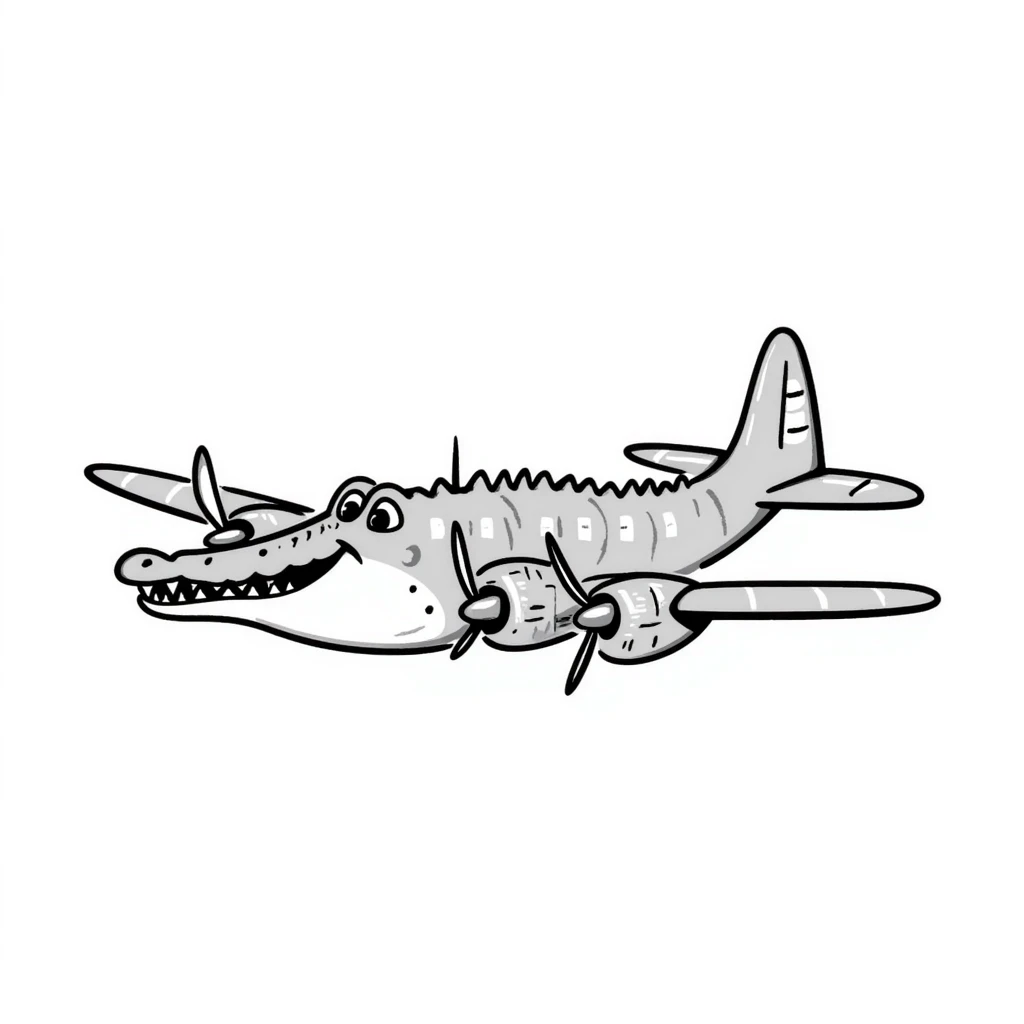 World War II bomber plane with four propeller engines that has a crocodile head and scaly reptile body, fusion of animal and machine emoji