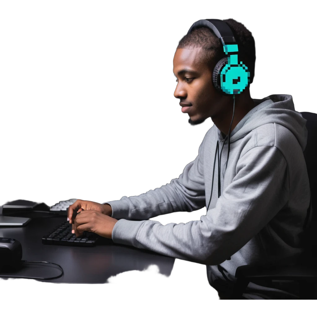 Person with headphones at computer desk recording video emoji