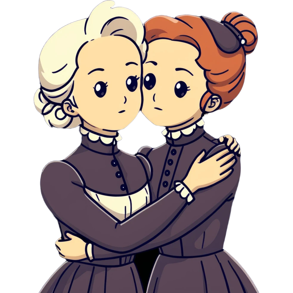 Two Victorian women with light eyes, one with white coiffed hair and one with copper coiffed hair, wearing Victorian high-neck dresses, embracing in a sad intimate hug emoji