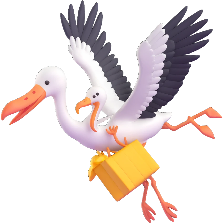stork flying with a human baby in a bundle, stork looking proud emoji