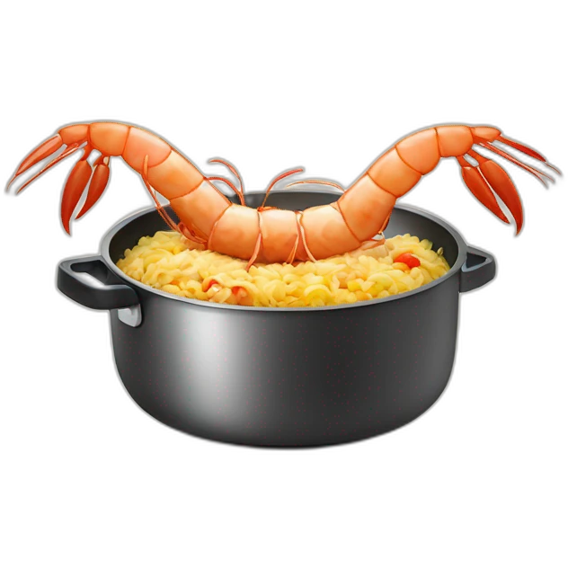 one tall shrimp dressed as a cook in an apron cooking fried rice in a skillet on a stovetop emoji