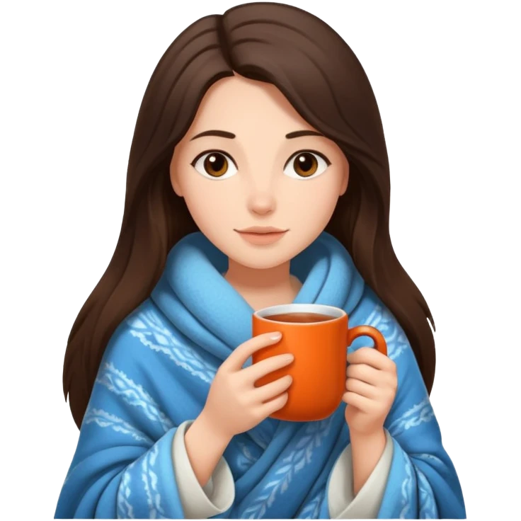 brunnette girl with long hair snuggled up in a blanket and holding a hot tea in her hands emoji