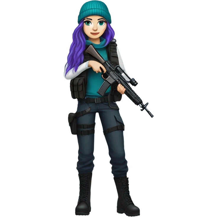 Girl, white skin, tactical vest, dark pants, long teal hair, blue eyes, purple beanie, gun, black combat boots emoji