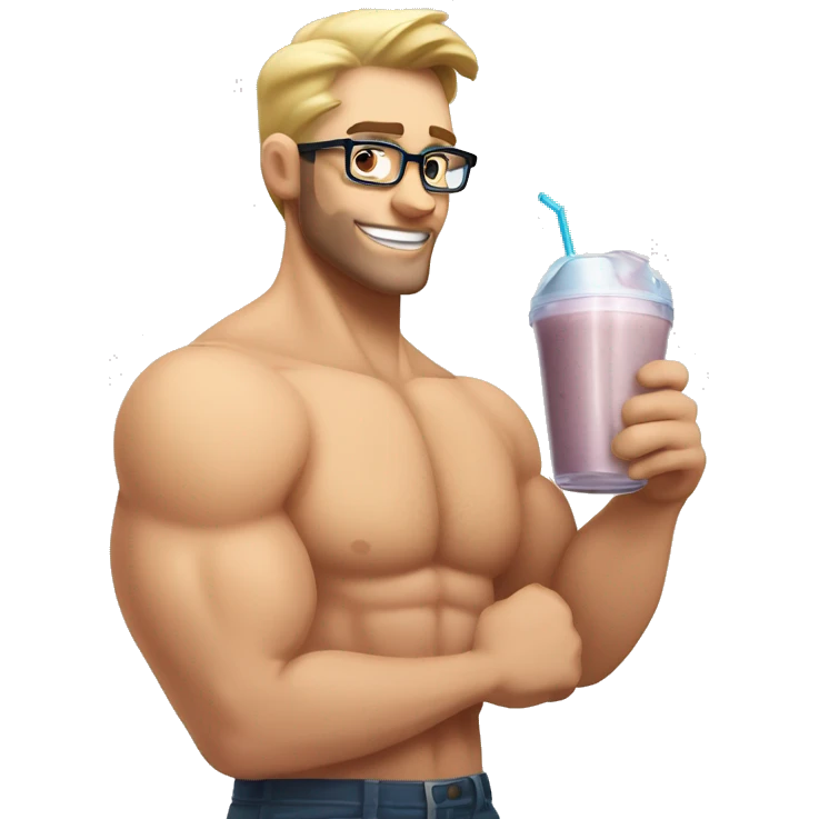 caucasian white muscled guy drinking a protein shake, half body shirtless, wear glasses emoji