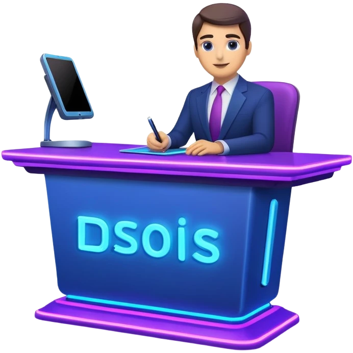 news anchor desk with neon glow effect, blue neon glow on top left, purple neon glow on bottom right emoji
