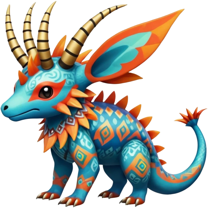 Colorful Exotic Pokémon-Fakémon-hybrid-creature (full body) with tribal intricate splash-markings and patterns and furs and scales and spikes and fins and horns  emoji