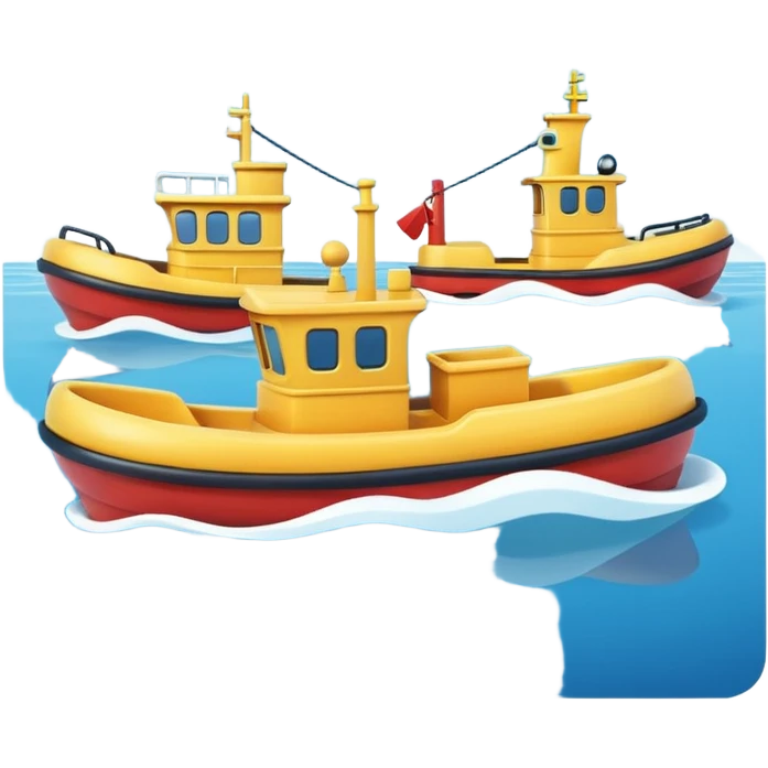 A 3D cartoon tugboat towing another boat on calm blue water, soft waves, clear sky, Memoji-style. emoji