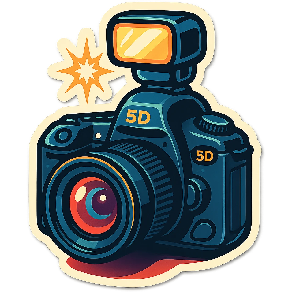 retro sticker style illustration of a DSLR camera with a flash on top, inspired by Canon 5D Mark III, bold outlines, glossy highlights, dramatic shadows, playful bright sticker look emoji