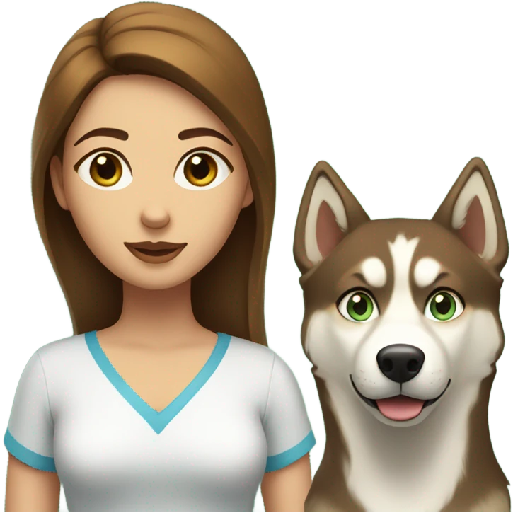 Brown hair  woman with blue eyes with a golden Husky with green eyes emoji