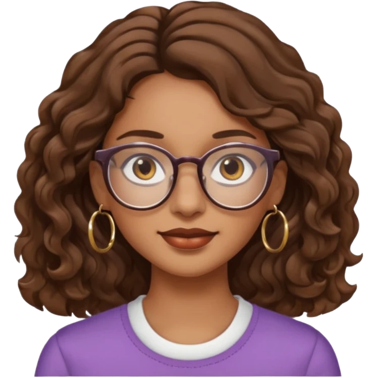Women brown eye and brown mi-long wave hair with glasses and circle earing emoji