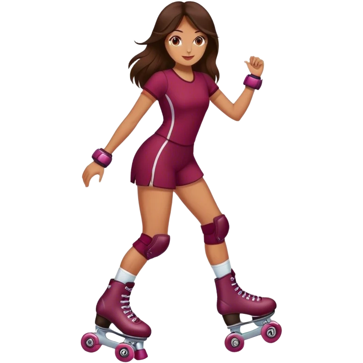 brunette long hair, tan skin, burgundy rollerskate emoji