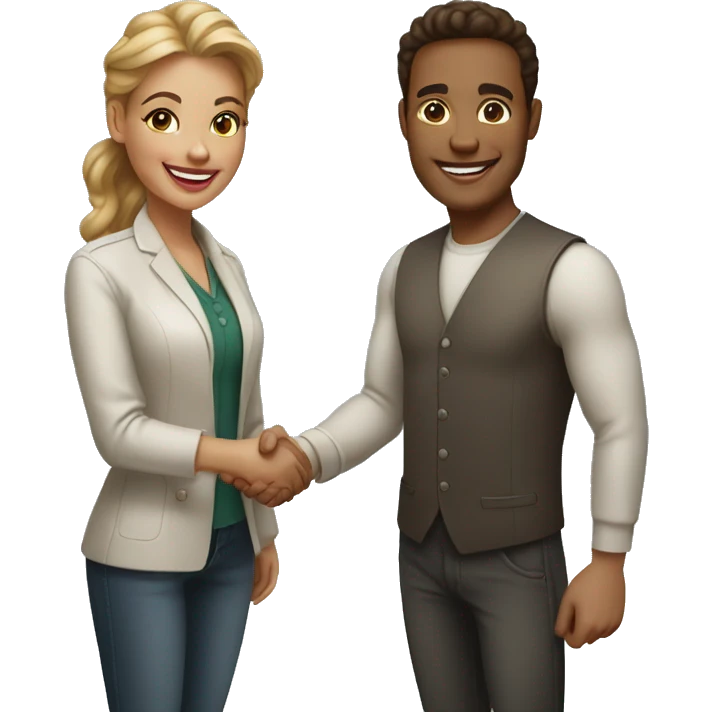 restaurant owner and blogger shaking hands, both with light skin, in great detail emoji