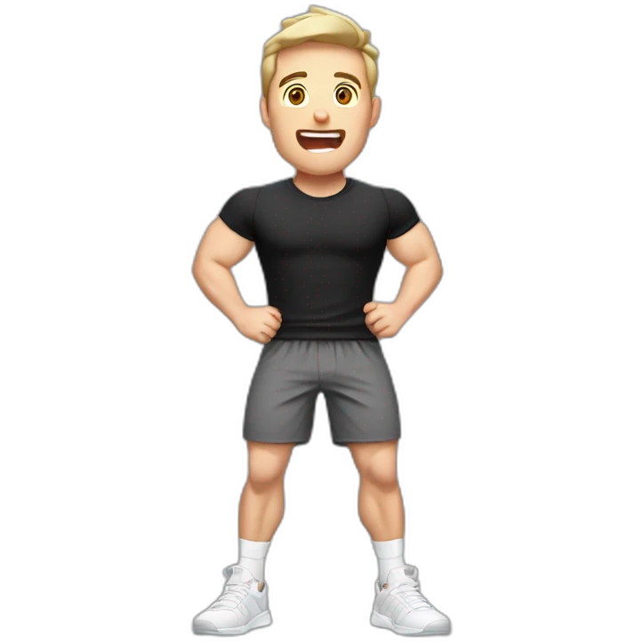 amazed Open with surprise mouth Pale skinned Fit Man With the biceps and dark brown hair in black shirt, gray sports shorts and white Sneakers emoji