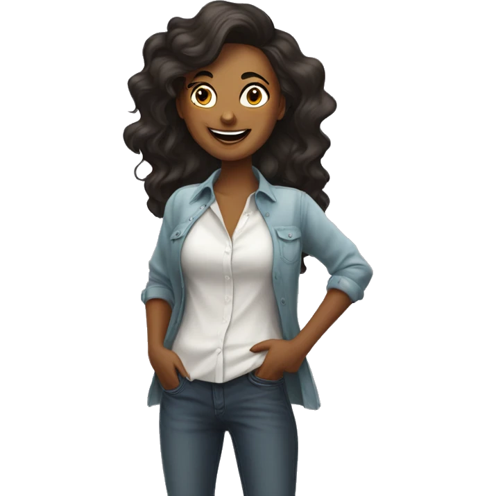 Happy vixen stands in a shirt, and uses her favourite app in the phone. She holds her phone and stares in it. emoji
