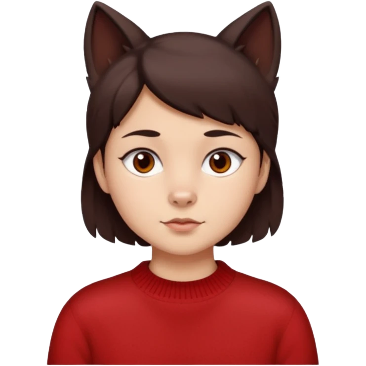 make a girl that has a boyish wolf cut thats right above the shoulders, give her a red sweater and make her face just right chubby but slso not too chubby. ( make it a white background and make the hair dark brown and also the eyes dark brown ) emoji