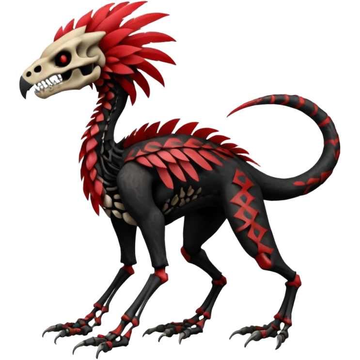Rare realistic dark edgy evil tribal patterned red-feathered skeletal badass epic handsome gorgeous aesthetic black-skulled Vernid-Trico-Sergal-species-Fakemon-creature by LiLaiRa, 4 legs, 1 tail, random markings, (full body) emoji