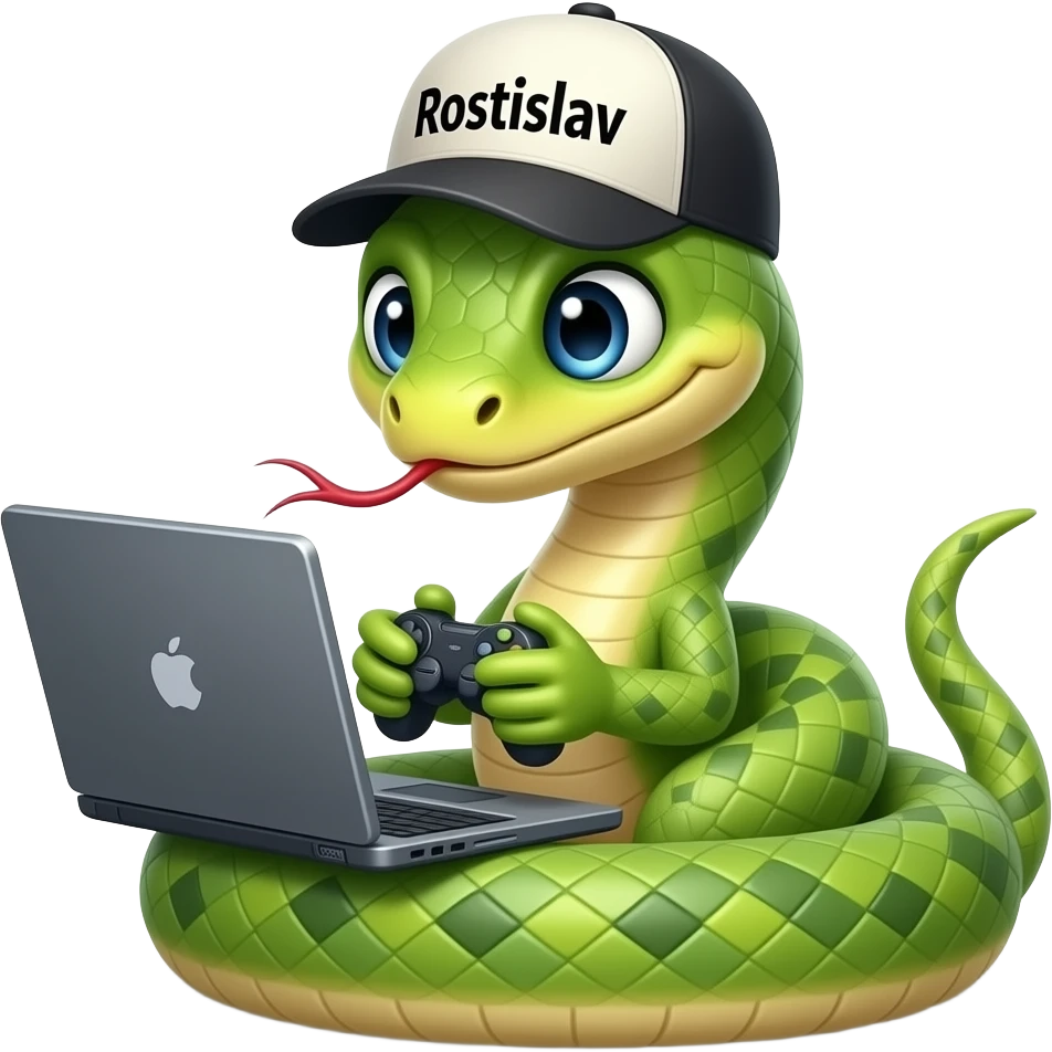 A snake in a cap with the inscription "Rostislav" plays on the computer. emoji