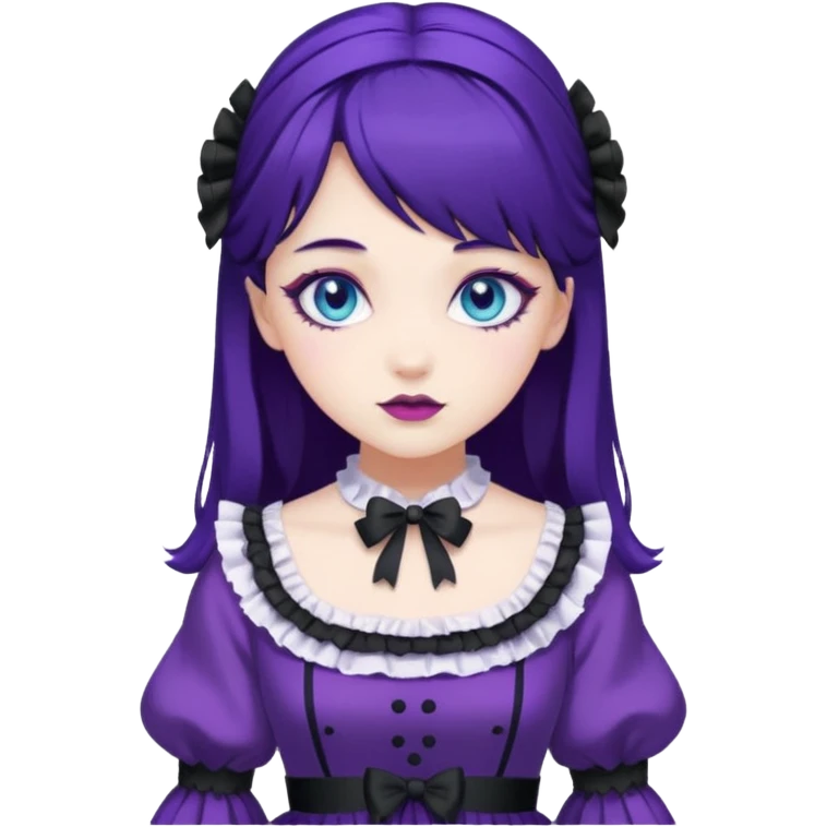 sweet lolita with dark purple hair, blue eyes, white skin, wearing a deep purple dress emoji