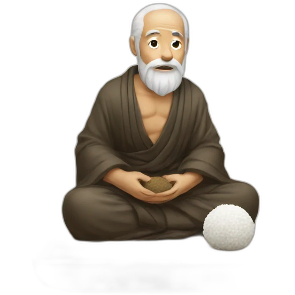ancient philosopher sitting in front of rice ball emoji
