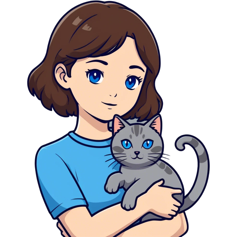 White girl brown hair blue eyes gray cat  emoji