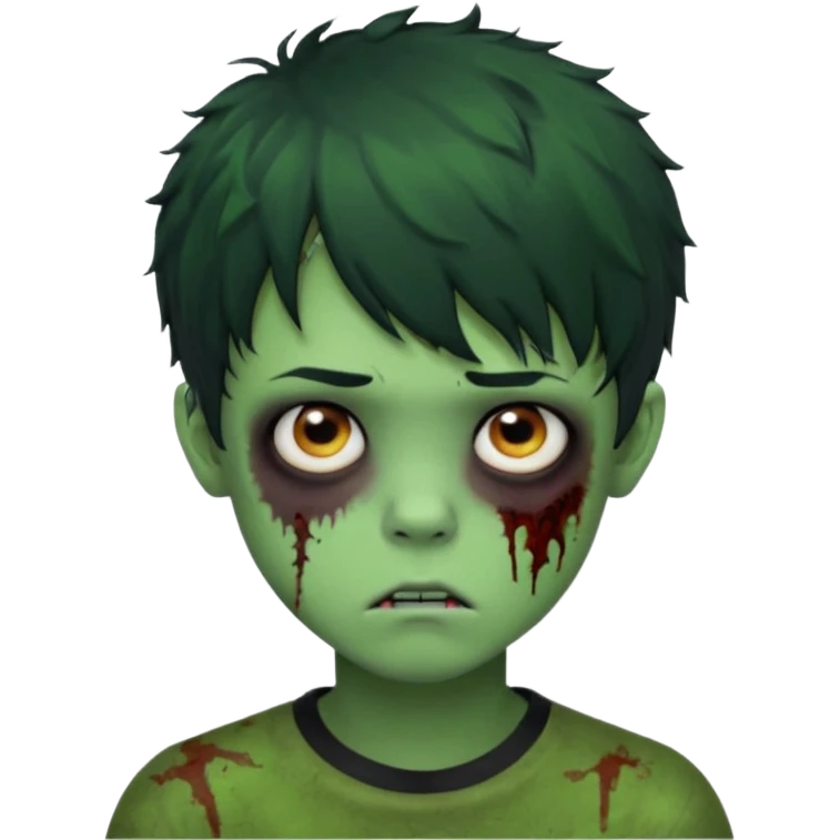 Boy, zombie, green skin, black, short and curly hair with bangs, round shaped hair, emo, ultra dark, bored expression with tired eyes  emoji