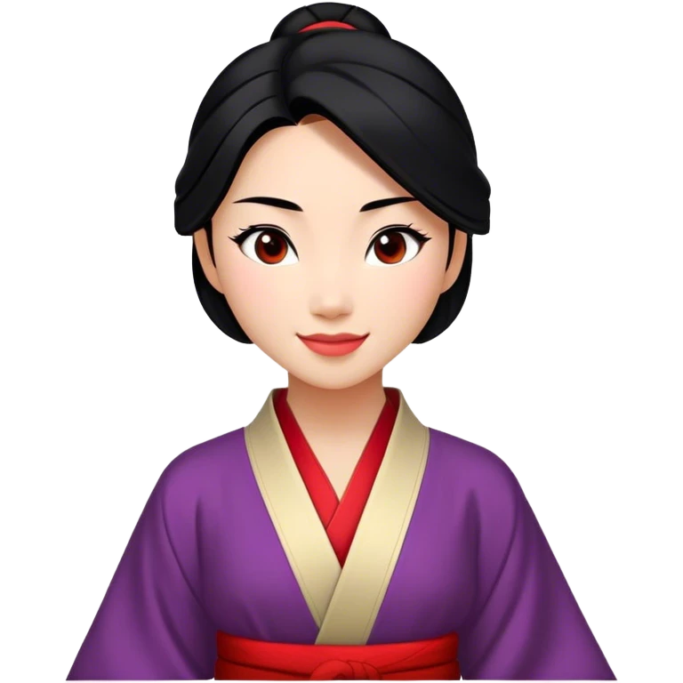 Cinematic Realistic Radiant Mulan Portrait, presenting Mulan with a warm, confident smile and lifelike light-toned skin that appears almost luminous under natural daylight. Her sleek black hair is rendered in meticulous detail, and her traditional robe—accented with understated red highlights—is depicted with realistic fabric textures and folds. The overall image exudes a gentle, inviting glow, high shine, and refined detail that captures her poised elegance and inner resilience in a painterly, authentic style. emoji