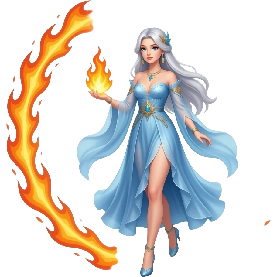 An elegant sorceress in a long ethereal blue dress carries a small flaming globe in her hand and walks through a huge flaming ring emoji