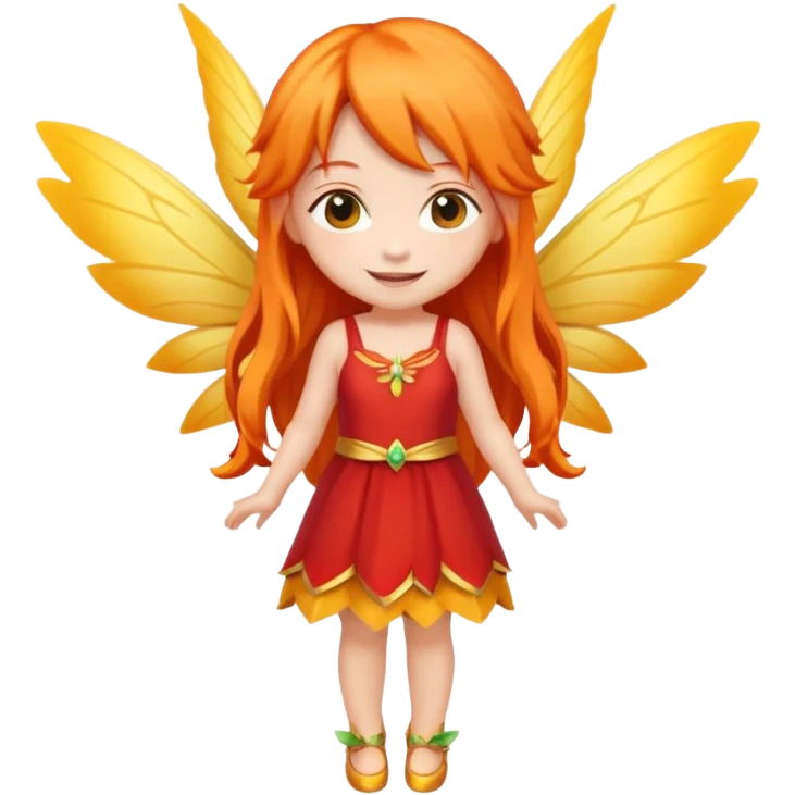 fairy with long orange hair, yellow wings, red dress, happy, chibi full body emoji