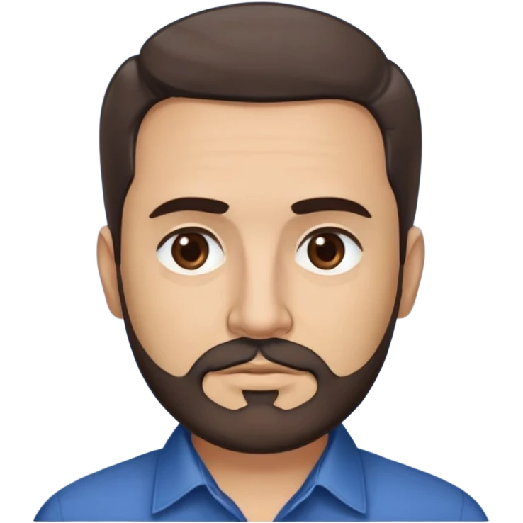 Puerto Rican man in his mid-50s with light skin. Round face with defined features. Expressive dark brown eyes, thick eyebrows. Full head of brown hair, slightly wavy. Medium-length brown beard, neatly trimmed. Wearing a dark blue button-up shirt. emoji