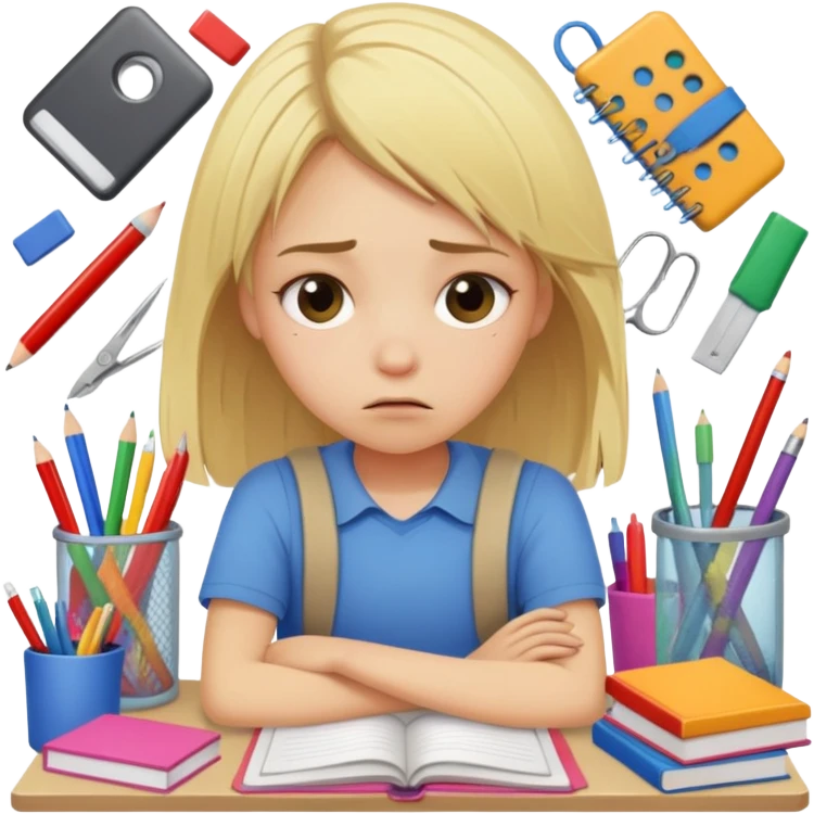 blonde straight-haired girl looking tired and frazzled, surrounded by messy school supplies, survival mode, last month of school emoji