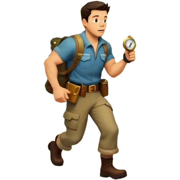 A vintage movie poster-style collage. Include action-packed elements like a treasure map, jungle scenes, a rugged explorer with a compass and a speeding jeep. Add a shadowy figure resembling close-up Mark Wahlberg in adventurous gear. Dramatic lighting, dynamic composition. Transparent background. emoji