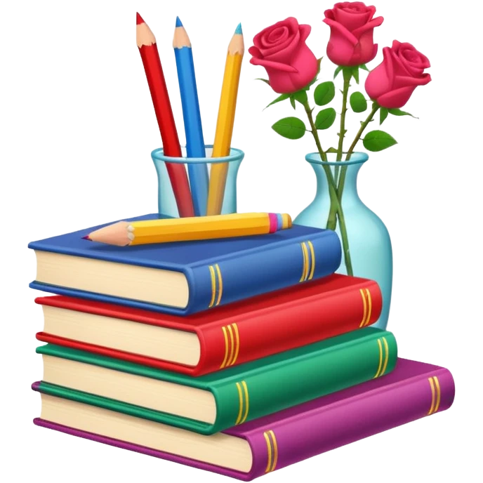 Five colorful books are stacked, along with a pencil holder full of crayons and a vase full of roses. The illustration style is cartoon. emoji