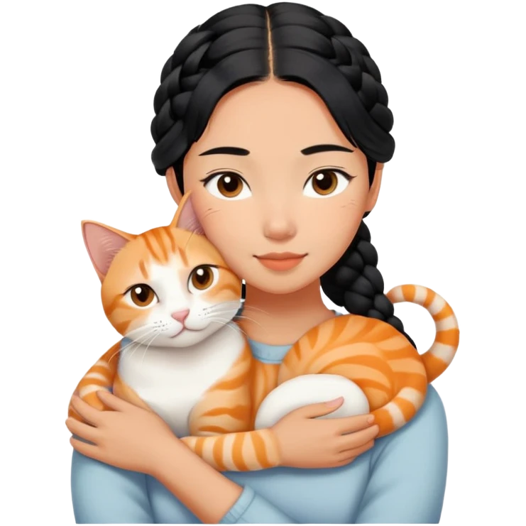 Young Asian woman with braided black hair cuddling a white and orange tabby cat, gentle embrace, affectionate pose emoji