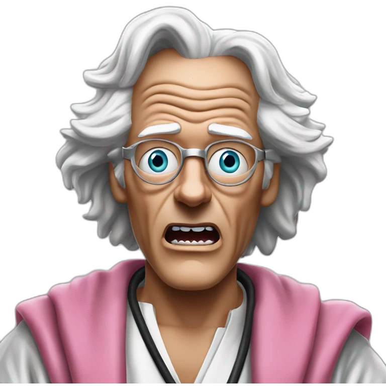 Doc brown from back to the future looking shocked and his mouth wide open. No eye-ware. Wearing a silver robe with black trim and a pink shirt with white tiez emoji