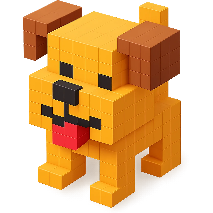 <SystemPrompt>
                <Style>
                  <Name>Voxel Emoji Art</Name>
                  <Description>A playful, isometric voxel style that mimics pixel art in 3D, commonly used for emojis, UI icons, and symbols. Rendered with bright, vibrant colors and no shadows.</Description>
                  <VisualRules>
                    <Geometry>
                      <BaseUnit>Cube</BaseUnit>
                      <GridAlignment>Isometric</GridAlignment>
                      <VoxelSize>Consistent</VoxelSize>
                    </Geometry>
                    <Color>
                      <Palette>Vivid and High Saturation</Palette>
                      <Gradient>Allowed on faces for subtle lighting</Gradient>
                    </Color>
                    <Lighting>
                      <Style>Soft studio lighting</Style>
                      <Shadows>Subtle ambient shadows</Shadows>
                    </Lighting>
                    <Detailing>
                      <Outline>None</Outline>
                      <Texture>Flat color (no texture noise)</Texture>
                      <Effects>None</Effects>
                    </Detailing>
                  </VisualRules>
                </Style>
                <Generation>
                  <PromptTemplate>
                    <![CDATA[
                      Render a voxel-style 3D illustration of a {subject}, using bright colors and blocky pixelated geometry. The object should appear playful and clean, similar to emoji aesthetics, with no shadows and no outlines. Lighting should enhance the 3D depth without harsh contrast.
                    ]]>
                  </PromptTemplate>
                </Generation>
              </SystemPrompt>
              {subject} = dog emoji