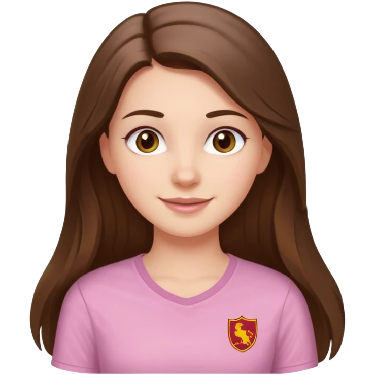 happy white long brunette hair girl with hazel eyes and in a light pink shirt with USC in white emoji